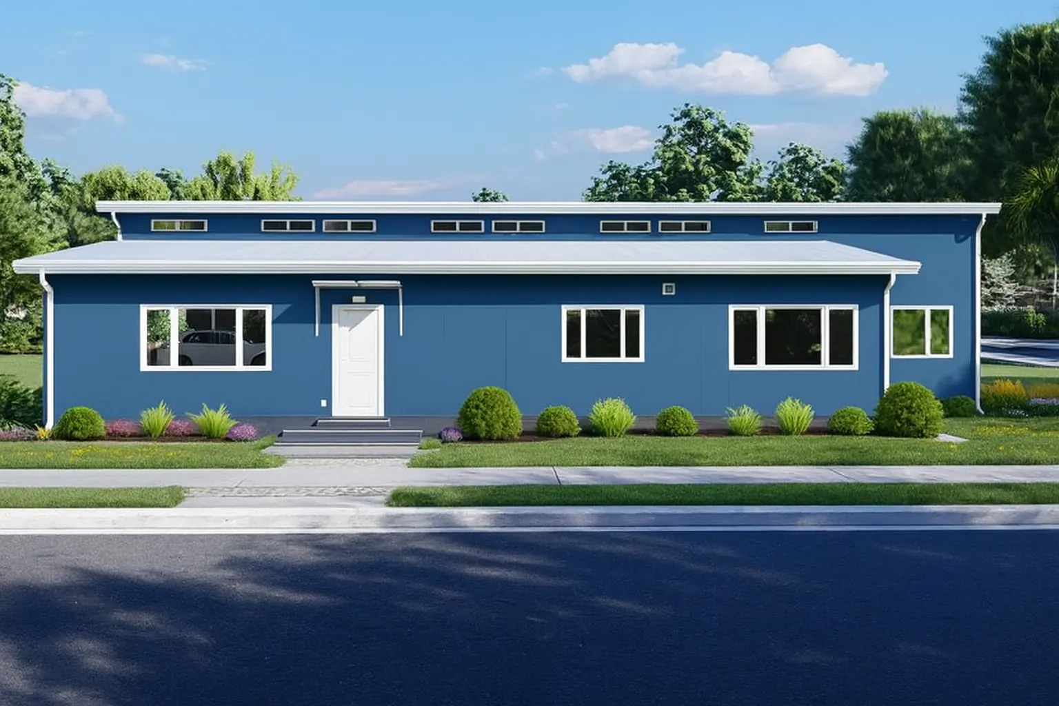Zona Verde 4-bedroom home with blue exterior, clerestory windows, and landscaped front yard